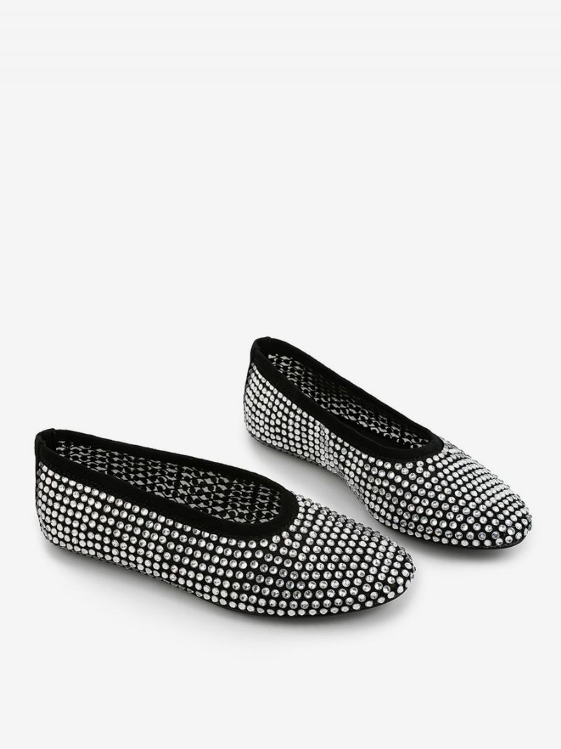 Kvinders Ballet Flats Spidstå Rhinestones Slip On Flat Pumps - Sort