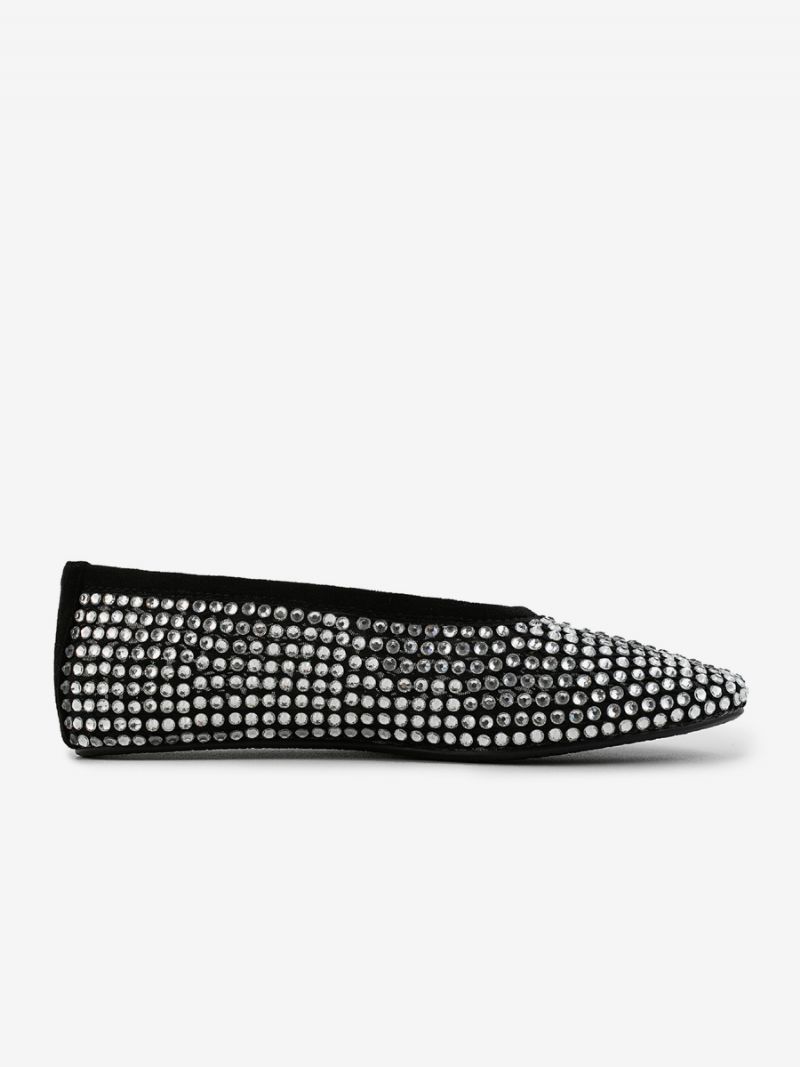 Kvinders Ballet Flats Spidstå Rhinestones Slip On Flat Pumps - Sort