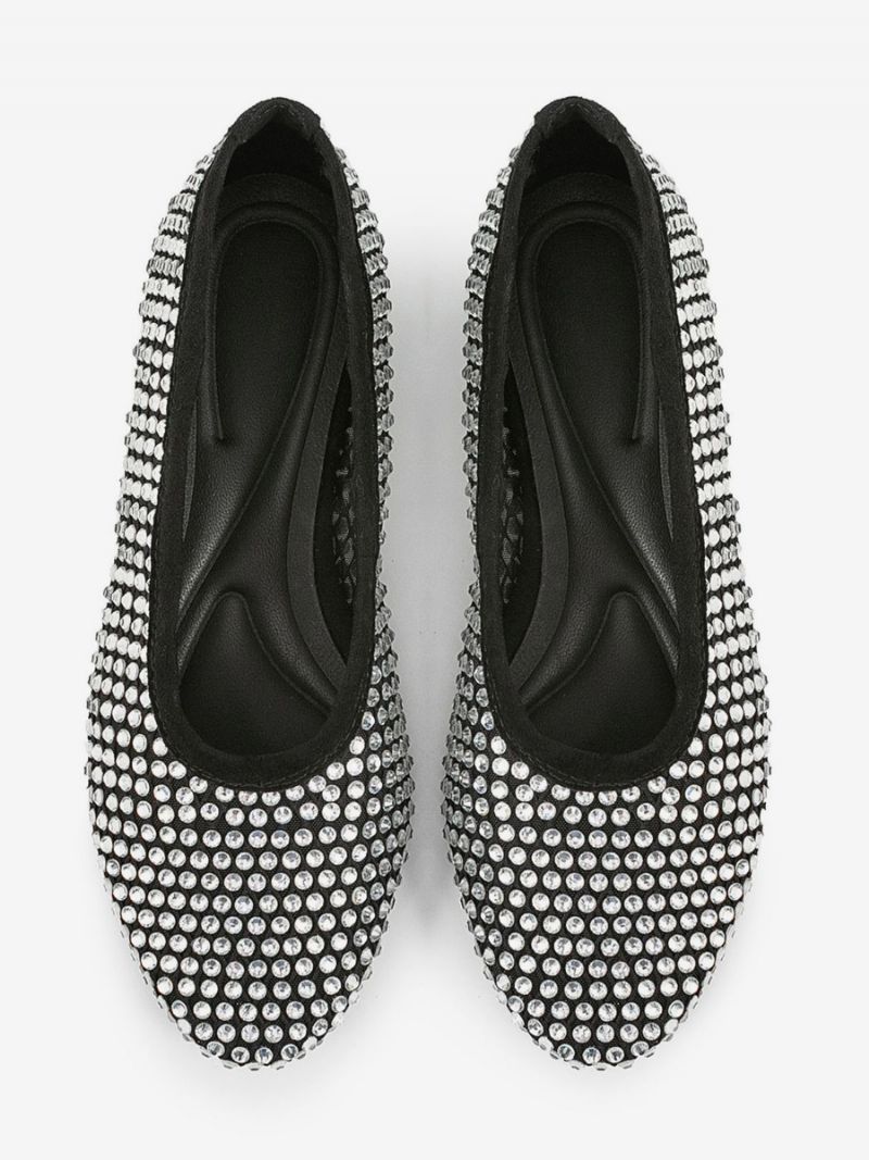 Kvinders Ballet Flats Spidstå Rhinestones Slip On Flat Pumps - Sort