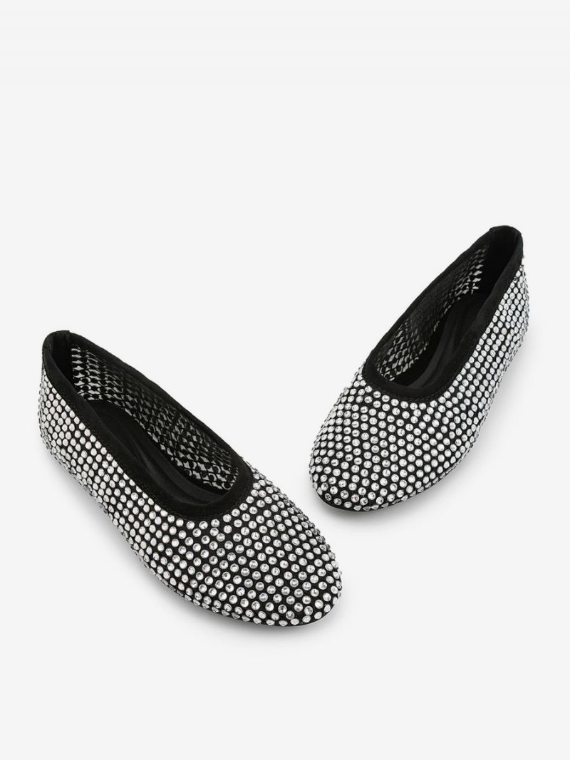 Kvinders Ballet Flats Spidstå Rhinestones Slip On Flat Pumps - Sort