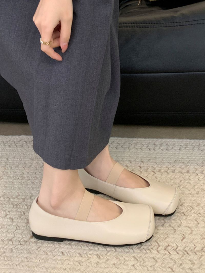 Kvinders Ballet Flats Square Toe Pu Læder Flade Sko - Beige