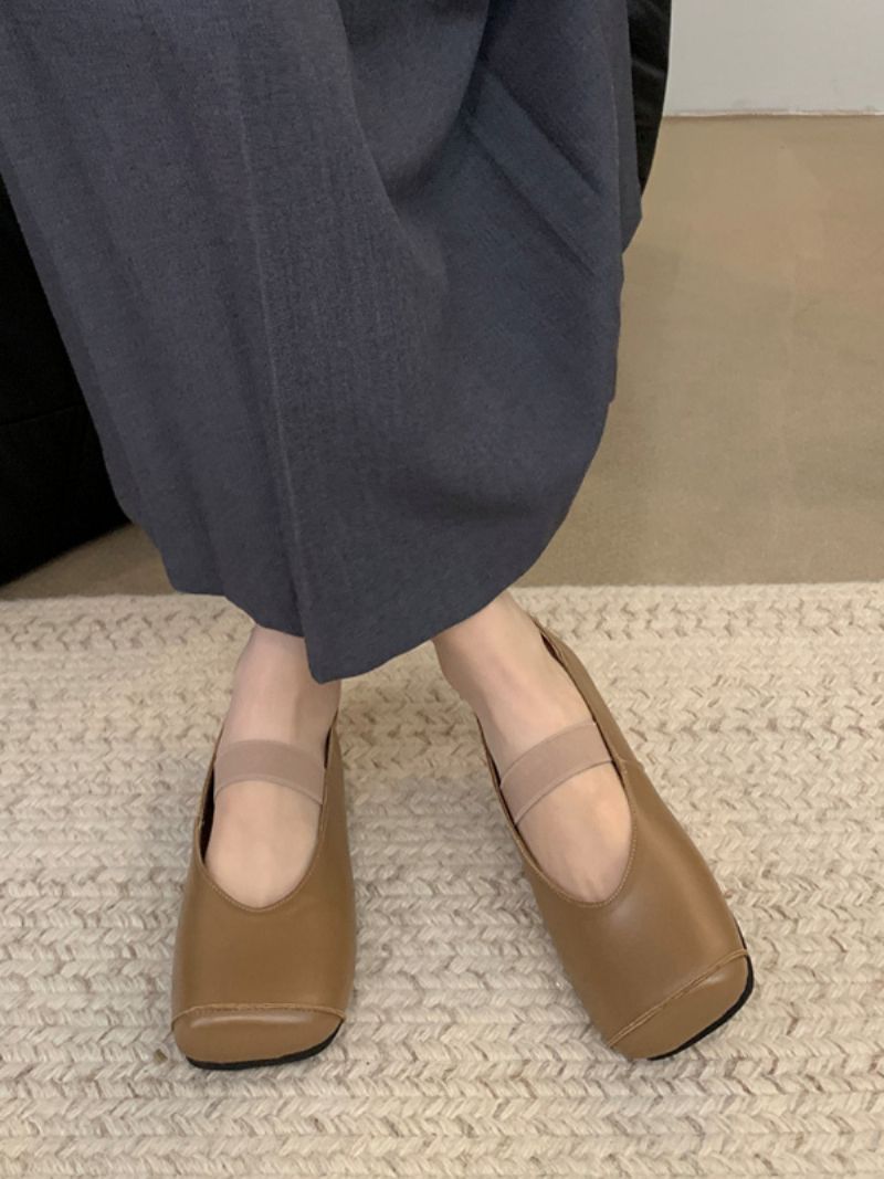 Kvinders Ballet Flats Square Toe Pu Læder Flade Sko - Khaki