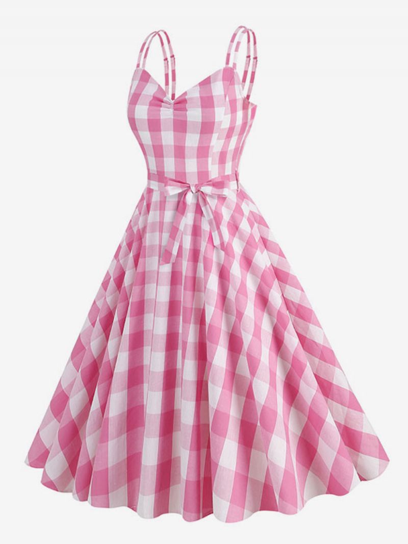 Kvinders Barbie Gingham-kjole 1950'erne Audrey Hepburn Vintage Kjole Uden Ærmer - Lyserød