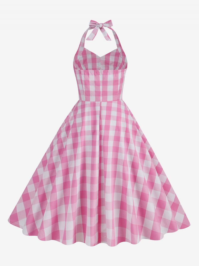 Kvinders Barbie Pink Gingham 1950'erne Plaid Plisseret Halter Vintage Kjole - Pink