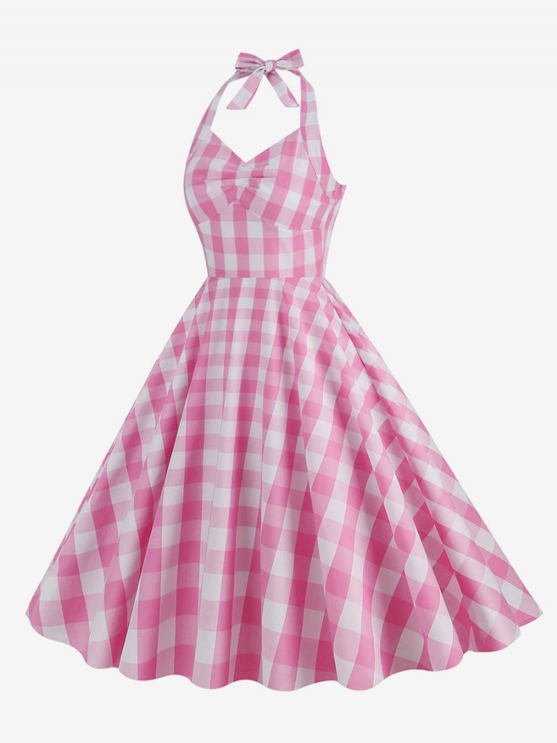 Kvinders Barbie Pink Gingham 1950'erne Plaid Plisseret Halter Vintage Kjole - Pink