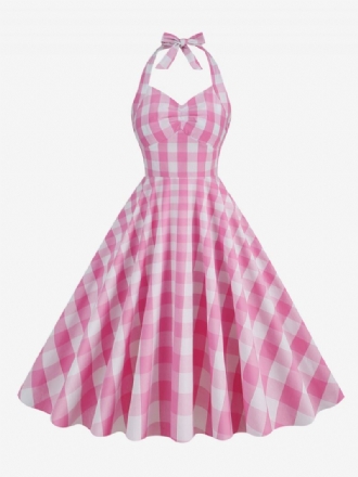 Kvinders Barbie Pink Gingham 1950'erne Plaid Plisseret Halter Vintage Kjole