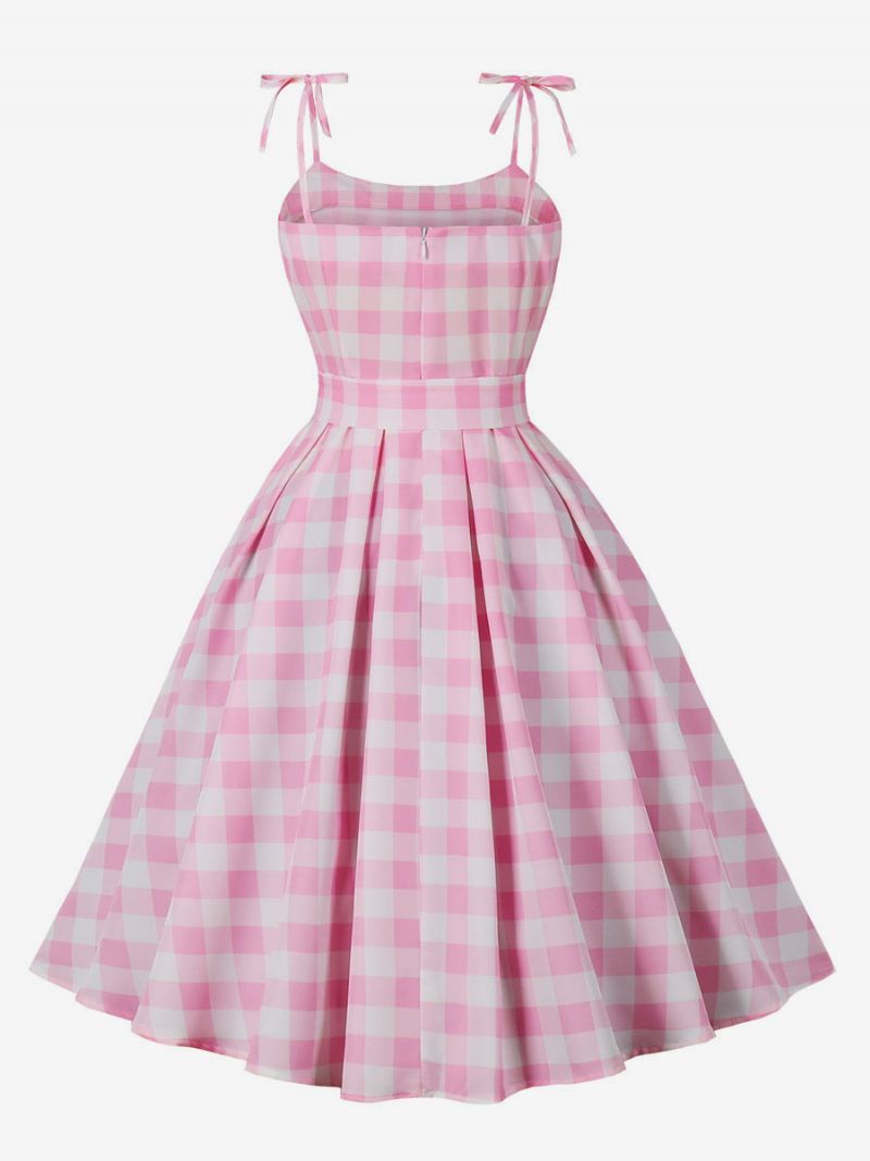 Kvinders Barbie Pink Gingham Kjole 1950'erne Audrey Hepburn Ærmeløs Plaid Vintage - Lyserød