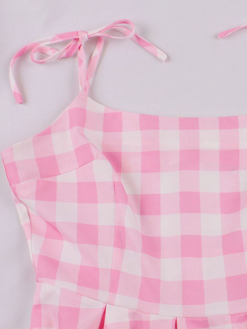 Kvinders Barbie Pink Gingham Kjole 1950'erne Audrey Hepburn Ærmeløs Plaid Vintage - Lyserød