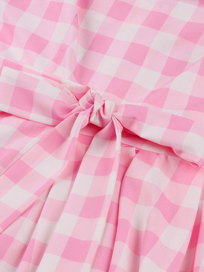 Kvinders Barbie Pink Gingham Kjole 1950'erne Audrey Hepburn Ærmeløs Plaid Vintage - Lyserød