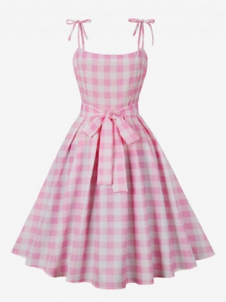 Kvinders Barbie Pink Gingham Kjole 1950'erne Audrey Hepburn Ærmeløs Plaid Vintage