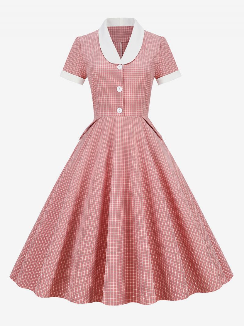 Kvinders Barbie Pink Gingham Kjole 1950'erne Audrey Hepburn Style Kortærmede Vintage