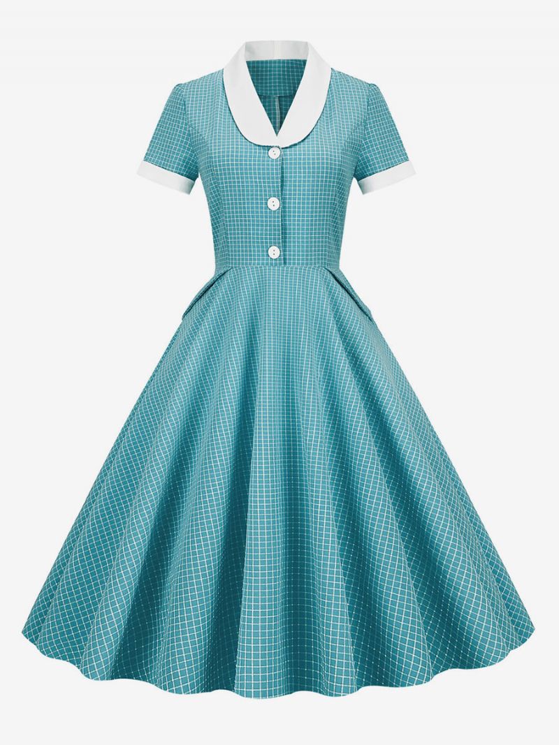 Kvinders Barbie Pink Gingham Kjole 1950'erne Audrey Hepburn Style Kortærmede Vintage - Cyan