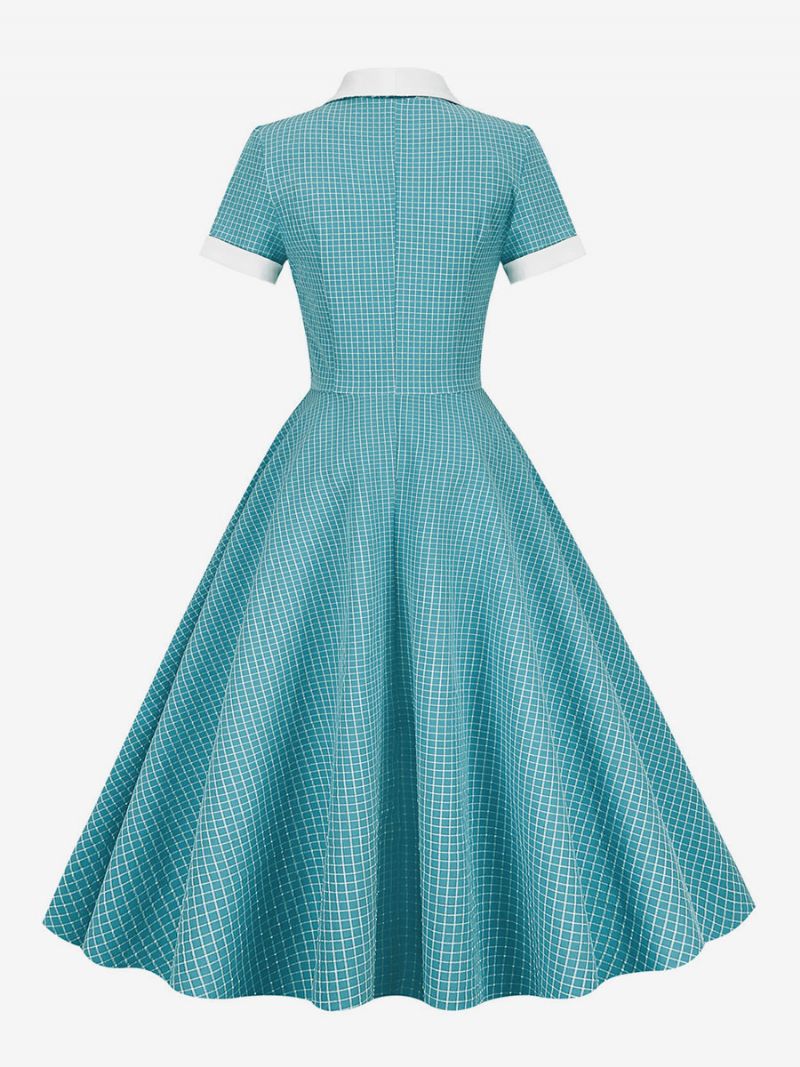 Kvinders Barbie Pink Gingham Kjole 1950'erne Audrey Hepburn Style Kortærmede Vintage - Cyan