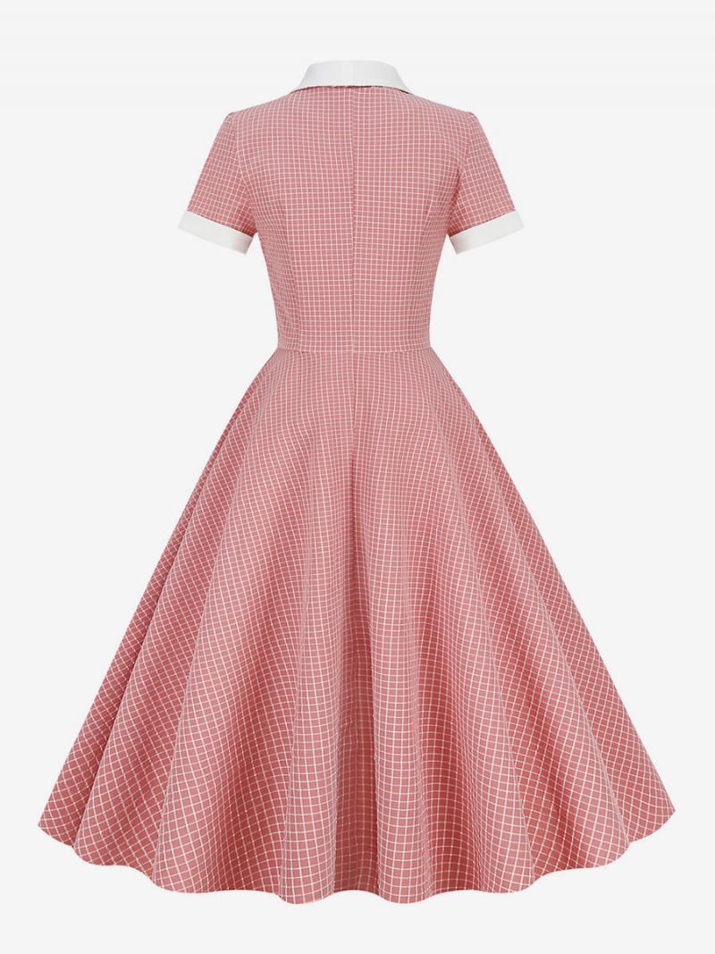 Kvinders Barbie Pink Gingham Kjole 1950'erne Audrey Hepburn Style Kortærmede Vintage - Pink