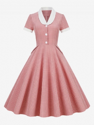 Kvinders Barbie Pink Gingham Kjole 1950'erne Audrey Hepburn Style Kortærmede Vintage