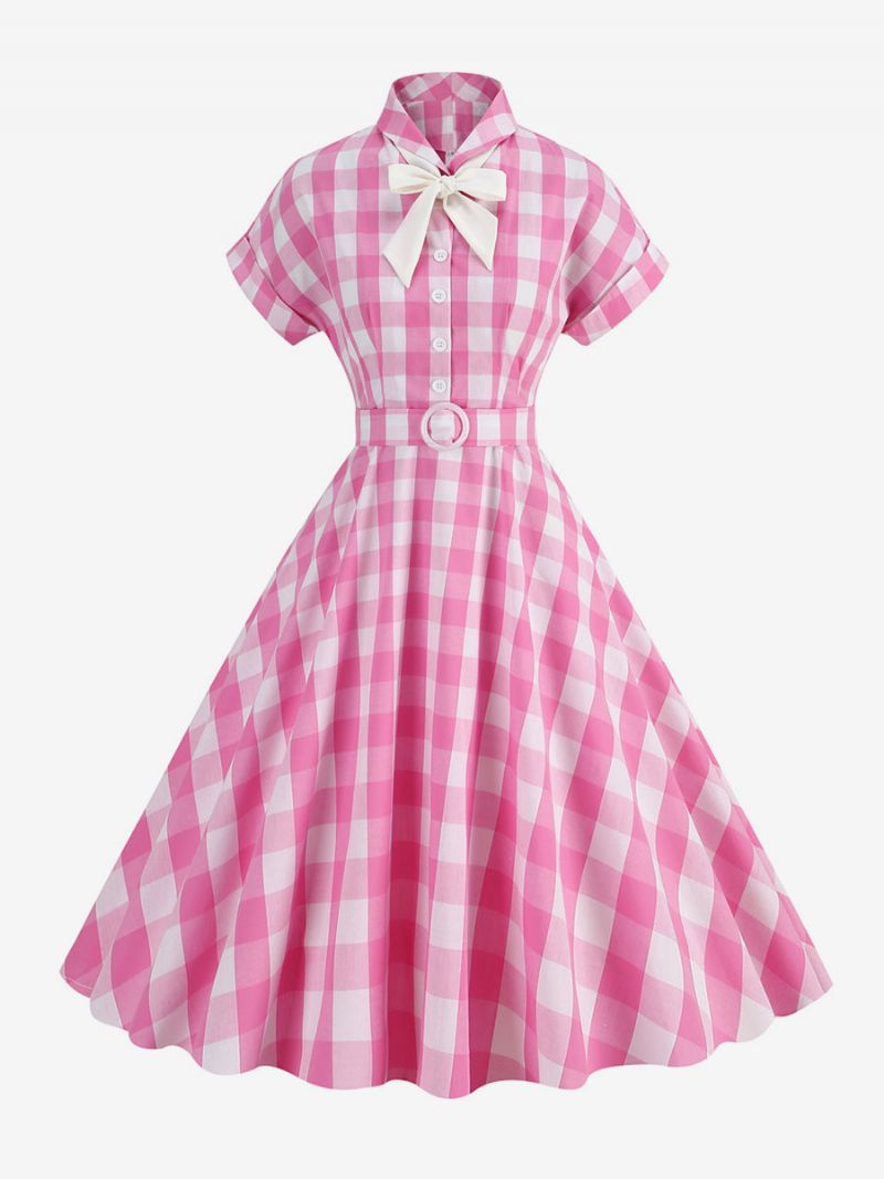 Kvinders Barbie Pink Gingham Kjole 1950'erne Kortærmede Plaid Vintage