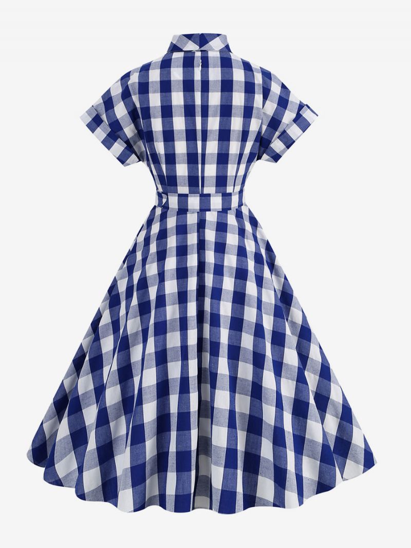 Kvinders Barbie Pink Gingham Kjole 1950'erne Kortærmede Plaid Vintage - Dyb Blå