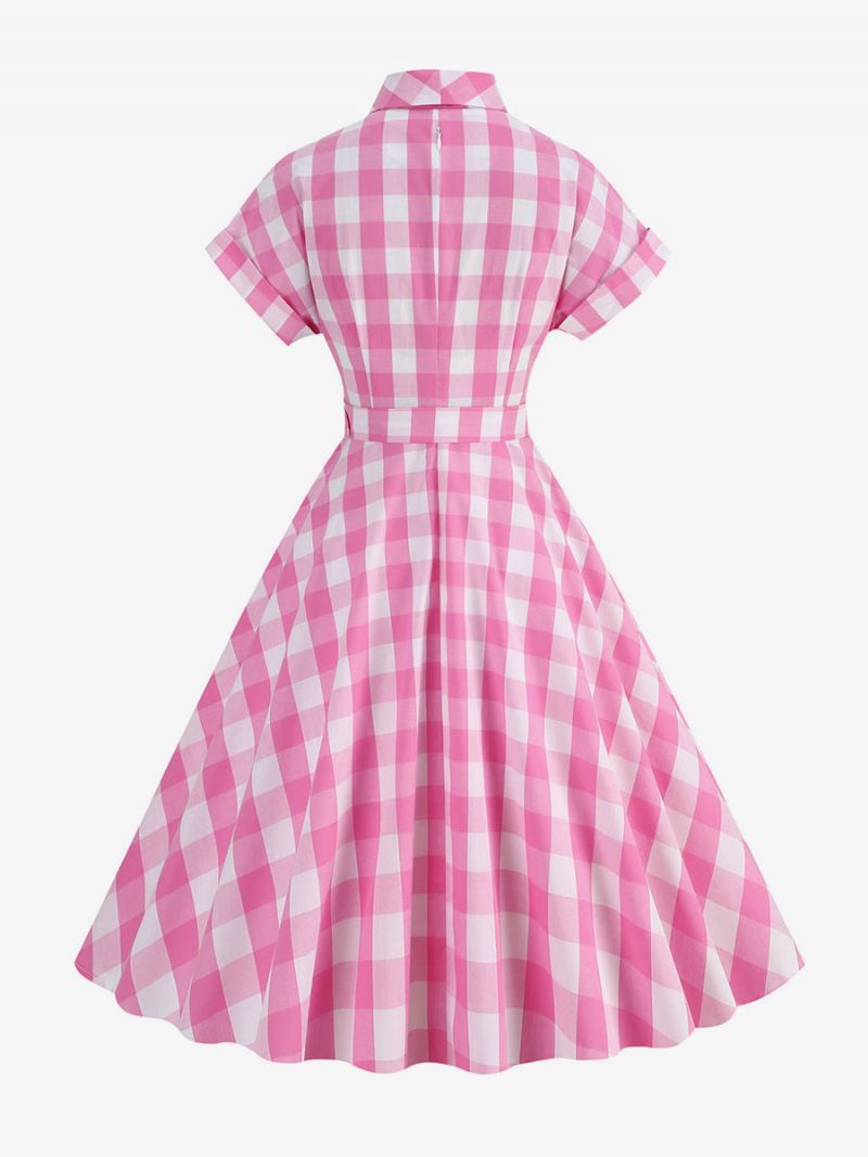 Kvinders Barbie Pink Gingham Kjole 1950'erne Kortærmede Plaid Vintage - Pink