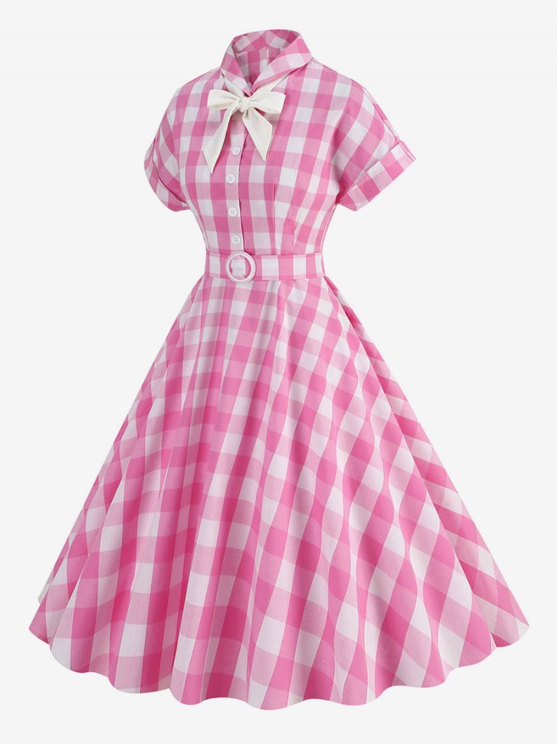 Kvinders Barbie Pink Gingham Kjole 1950'erne Kortærmede Plaid Vintage - Pink