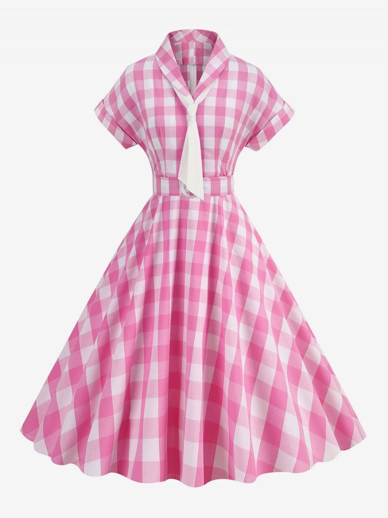 Kvinders Barbie Pink Gingham Kjole 1950'erne Kortærmede Plaid Vintage - Pink