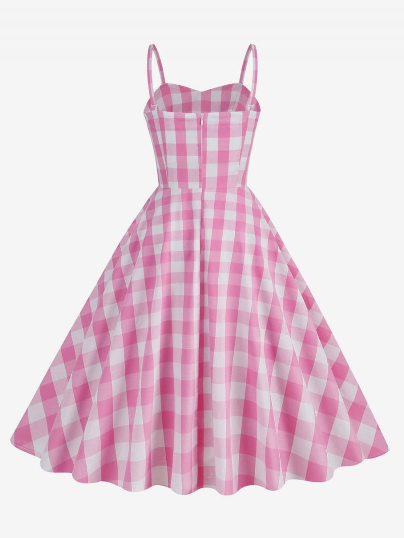 Kvinders Barbie Pink Gingham Kjole 1950'erne Plisserede Stropper Plaid Vintage - Pink