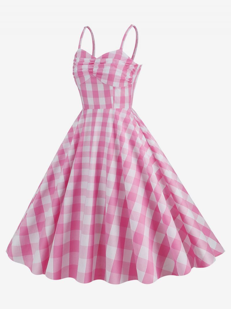 Kvinders Barbie Pink Gingham Kjole 1950'erne Plisserede Stropper Plaid Vintage - Pink