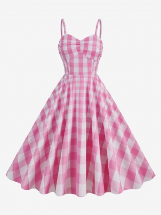 Kvinders Barbie Pink Gingham Kjole 1950'erne Plisserede Stropper Plaid Vintage