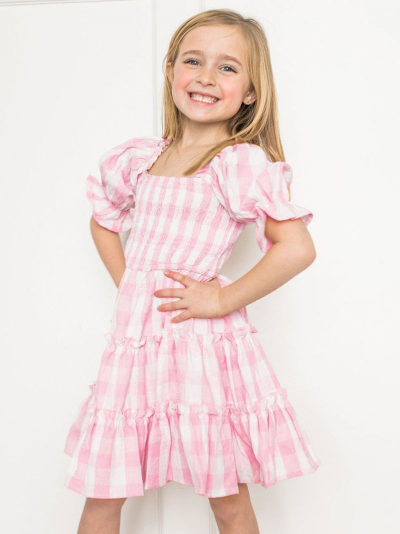 Kvinders Barbie Pink Gingham-kjole Forælder-barn Firkantet Hals Plaid Mellemlang Sommerkjole - Pink