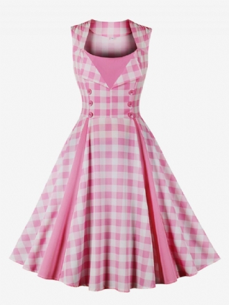 Kvinders Barbie Pink Gingham Vintage Kjole 1950'erne Audrey Hepburn Swing