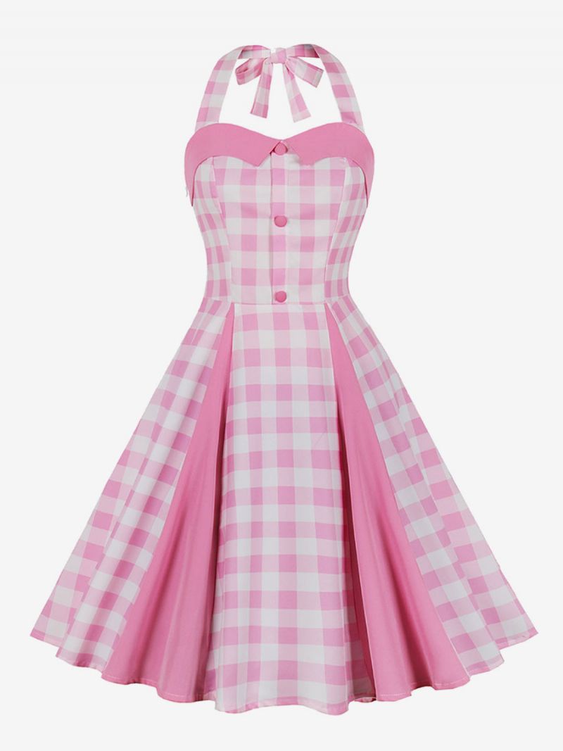 Kvinders Barbie Pink Gingham Vintage Kjole 1950'erne Midi Halter