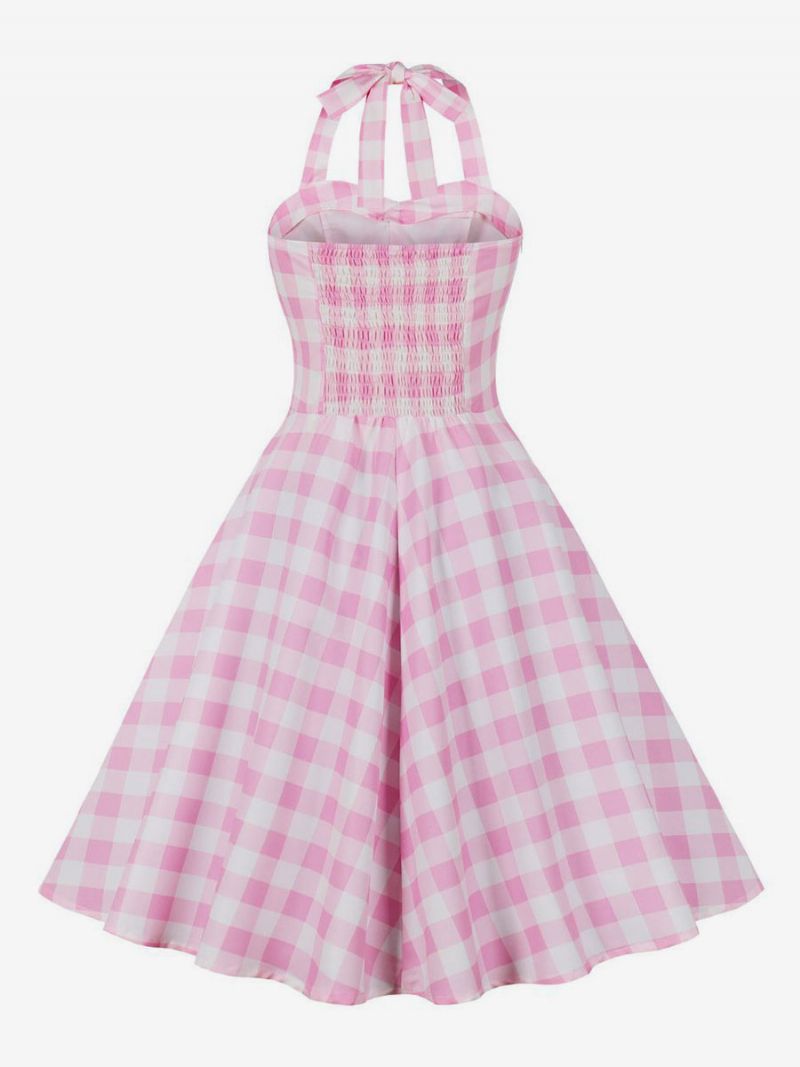 Kvinders Barbie Pink Gingham Vintage Kjole 1950'erne Midi Halter - Lyserød