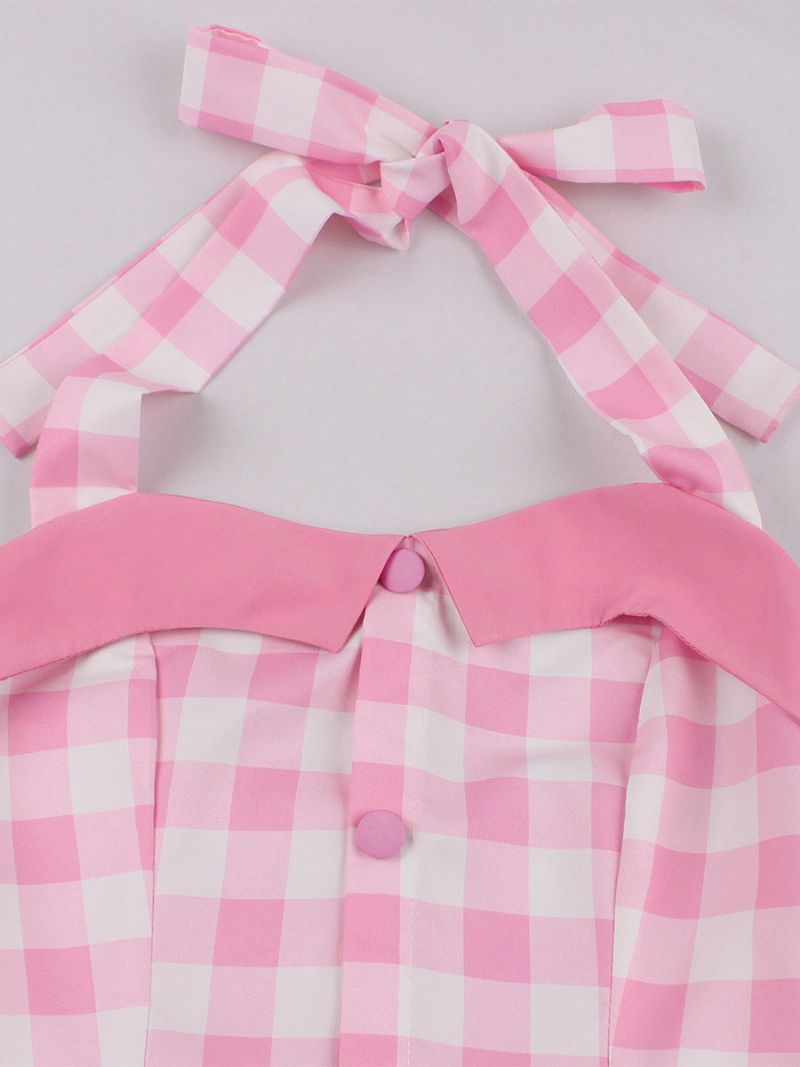 Kvinders Barbie Pink Gingham Vintage Kjole 1950'erne Midi Halter - Lyserød