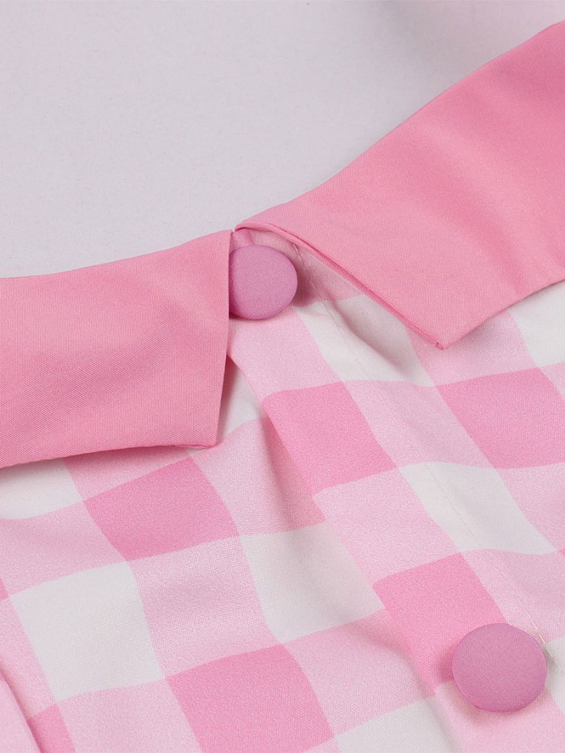 Kvinders Barbie Pink Gingham Vintage Kjole 1950'erne Midi Halter - Lyserød