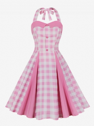 Kvinders Barbie Pink Gingham Vintage Kjole 1950'erne Midi Halter