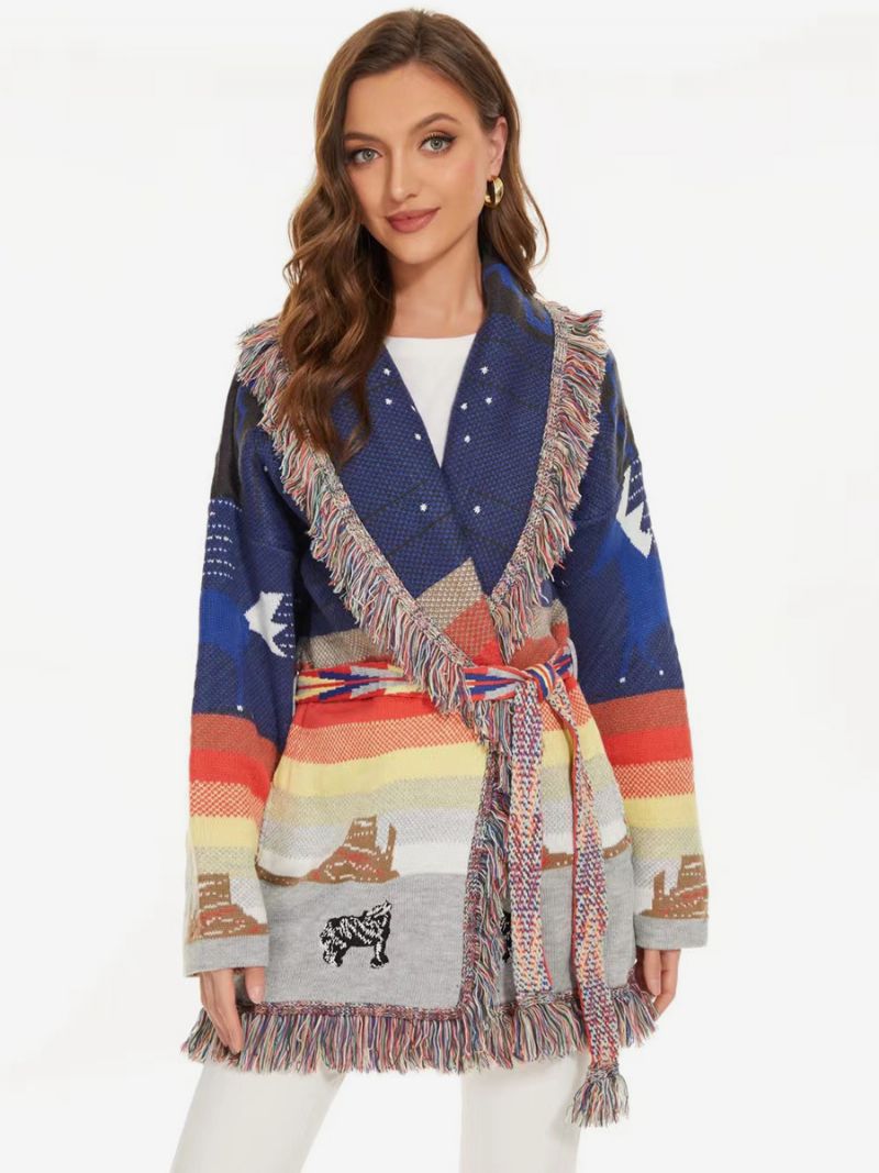 Kvinders Blå Jacquard Cardigans Kvast Trim Bælte Uld Blanding Boho Inspireret Sweater