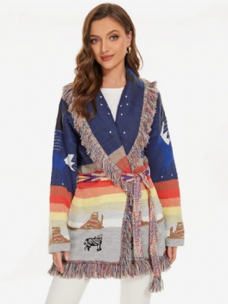 Kvinders Blå Jacquard Cardigans Kvast Trim Bælte Uld Blanding Boho Inspireret Sweater