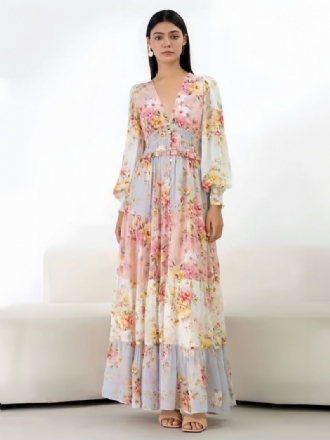 Kvinders Blomsterkjole Lange Ærmer V-hals Knapper Tiered Sexy Sommer Maxi Kjoler