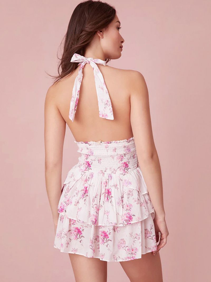 Kvinders Blomsterkjole Minikjoler Kjoler Blomsterprint Halter Layered Lace Up Ærmeløs Rygløs Ingen Åben Søm Sexet Fall Short - Pink