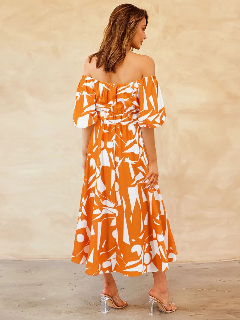 Kvinders Blomsterkjole Off The Shoulder Puffærmer Casual Sommer Midi Kjoler - Orange