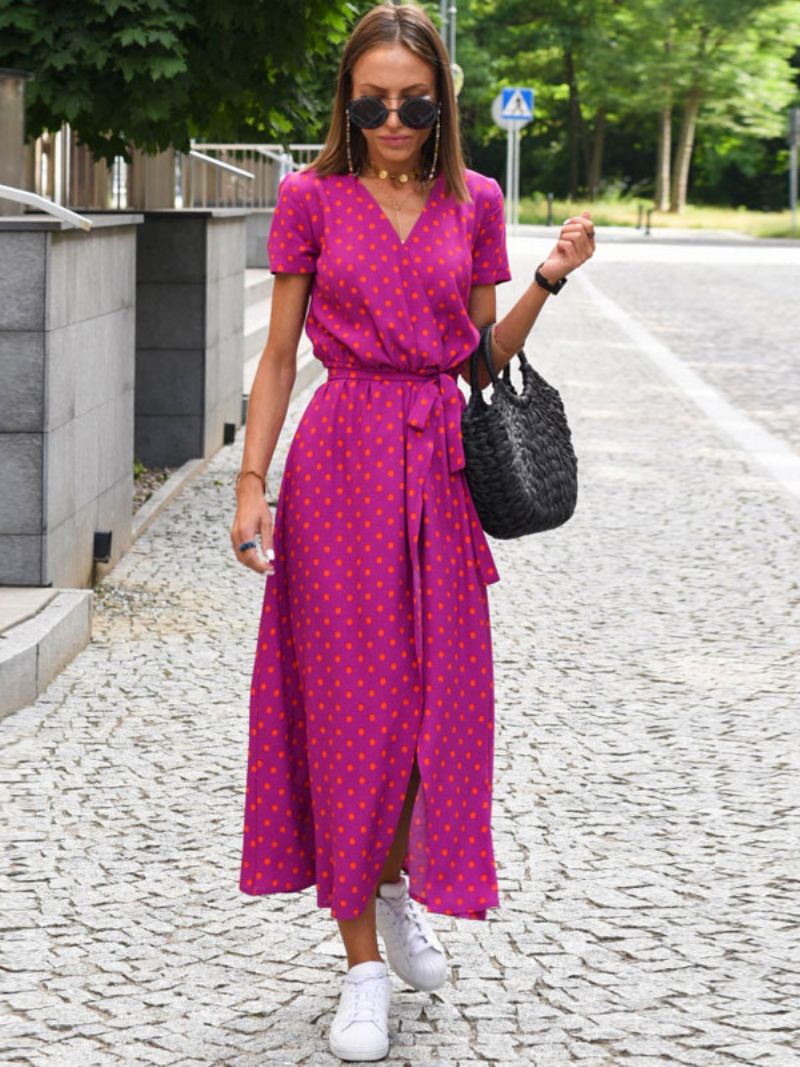 Kvinders Blomstrede Maxi-kjoler Trykt Blonder Med V-hals Korte Ærmer Front Slids Casual Sommer Lang - Rose