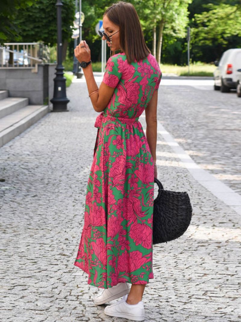 Kvinders Blomstrede Maxi-kjoler Trykt Blonder Med V-hals Korte Ærmer Front Slids Casual Sommer Lang - Pink