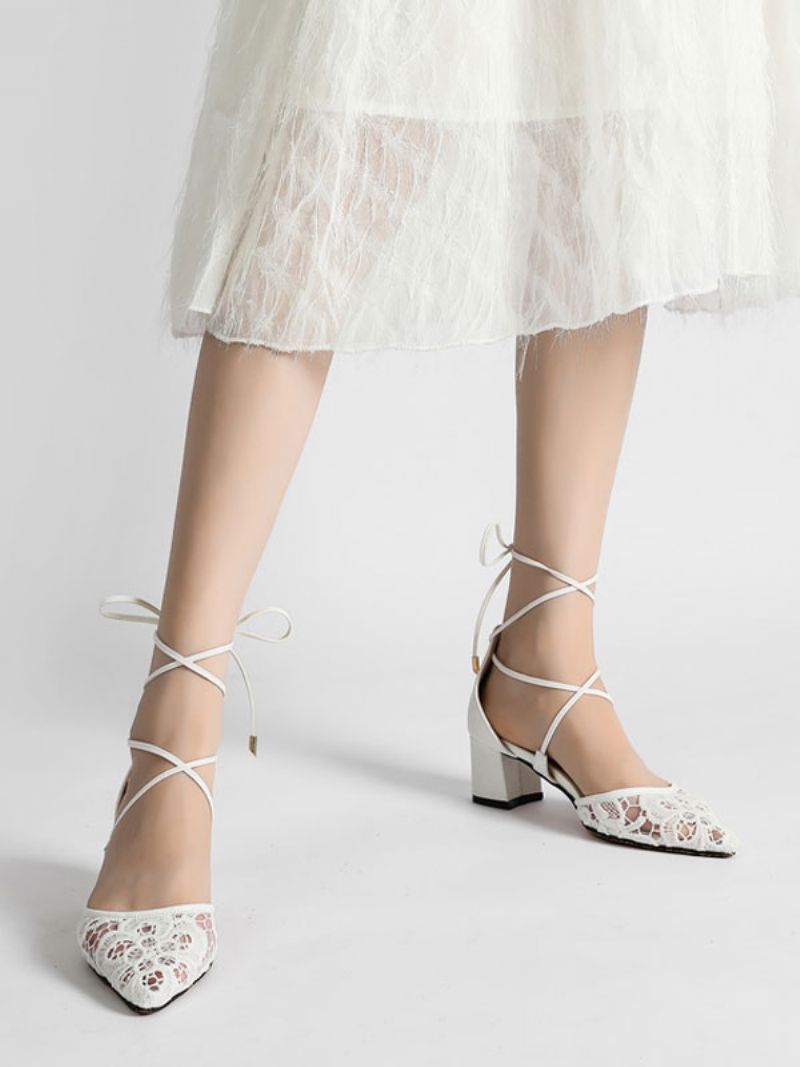 Kvinders Blonde Strappy Blok Hæl Brude Dorsay Pumps - Hvid