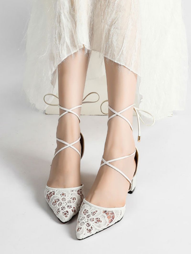 Kvinders Blonde Strappy Blok Hæl Brude Dorsay Pumps - Hvid