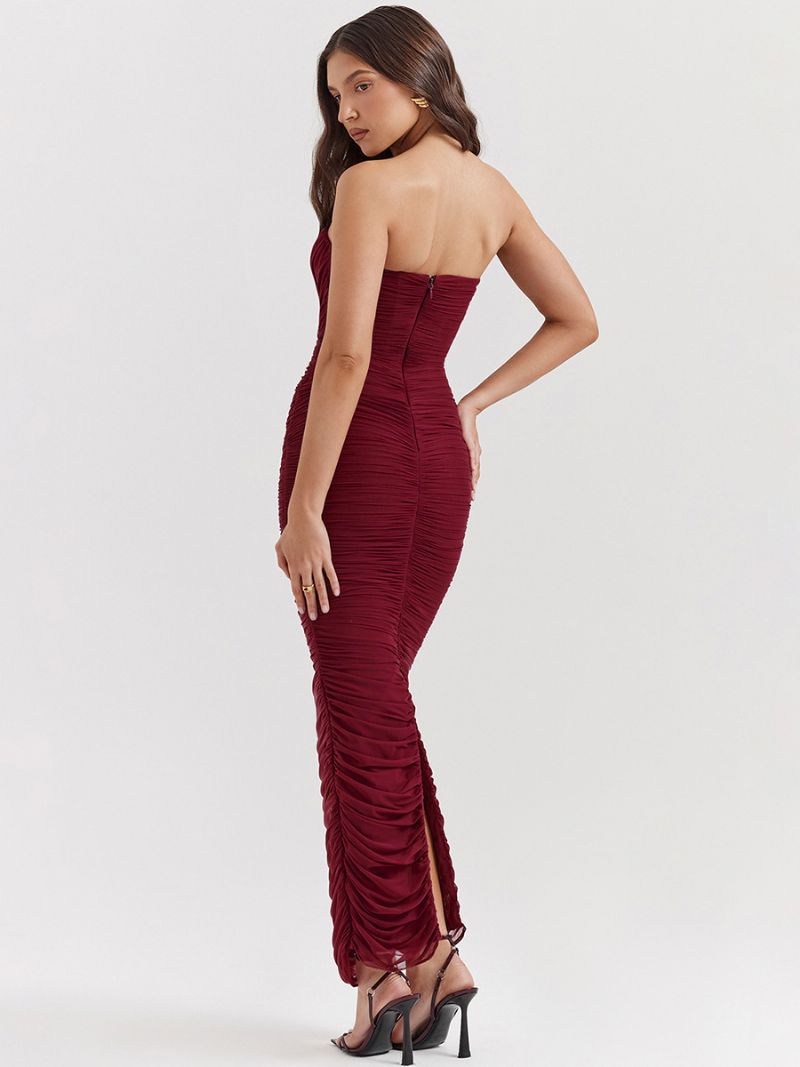 Kvinders Bodycon-kjoler Bourgogne Stropløs Plisseret Elegant Ærmeløs Blyantkjole - Bourgogne