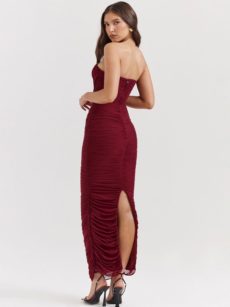 Kvinders Bodycon-kjoler Bourgogne Stropløs Plisseret Elegant Ærmeløs Blyantkjole - Bourgogne