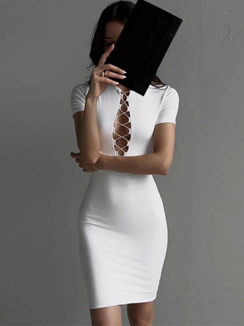 Kvinders Bodycon Kjoler Hvid Jewel Neck Lace Up Sexet Kortærmet Pencil Kjole