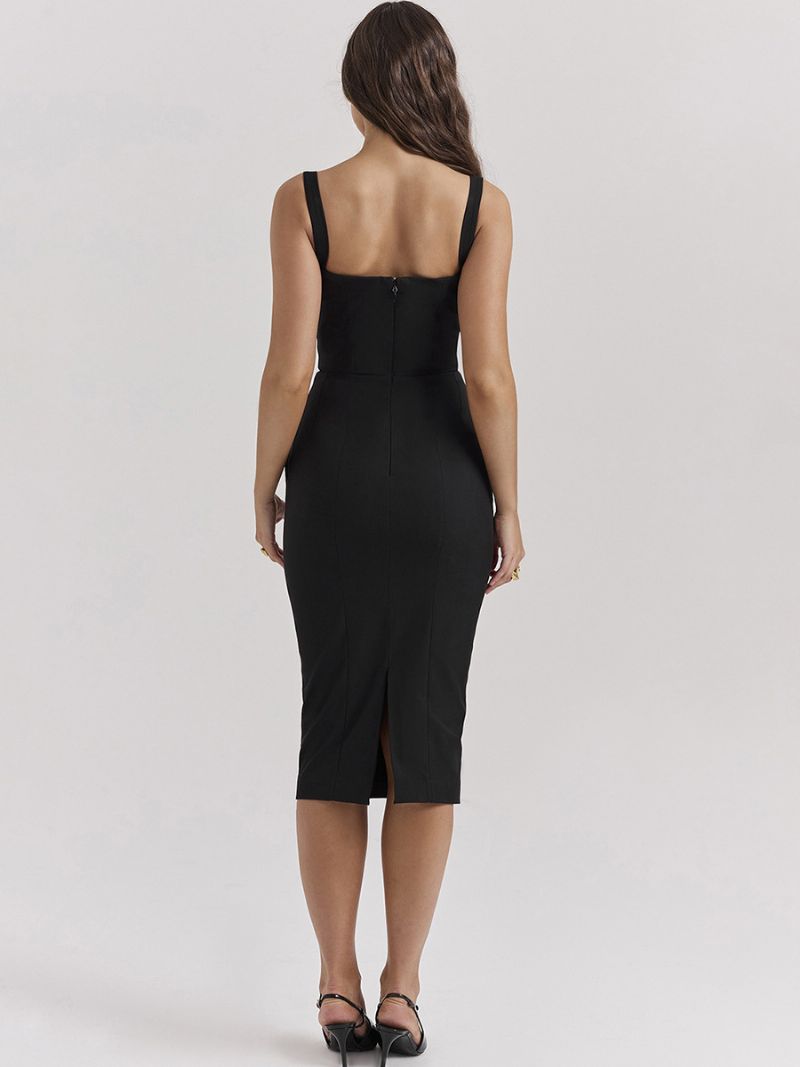 Kvinders Bodycon Kjoler Sorte Stropper Neck Chic Ærmeløs Pencil Kjole - Sort