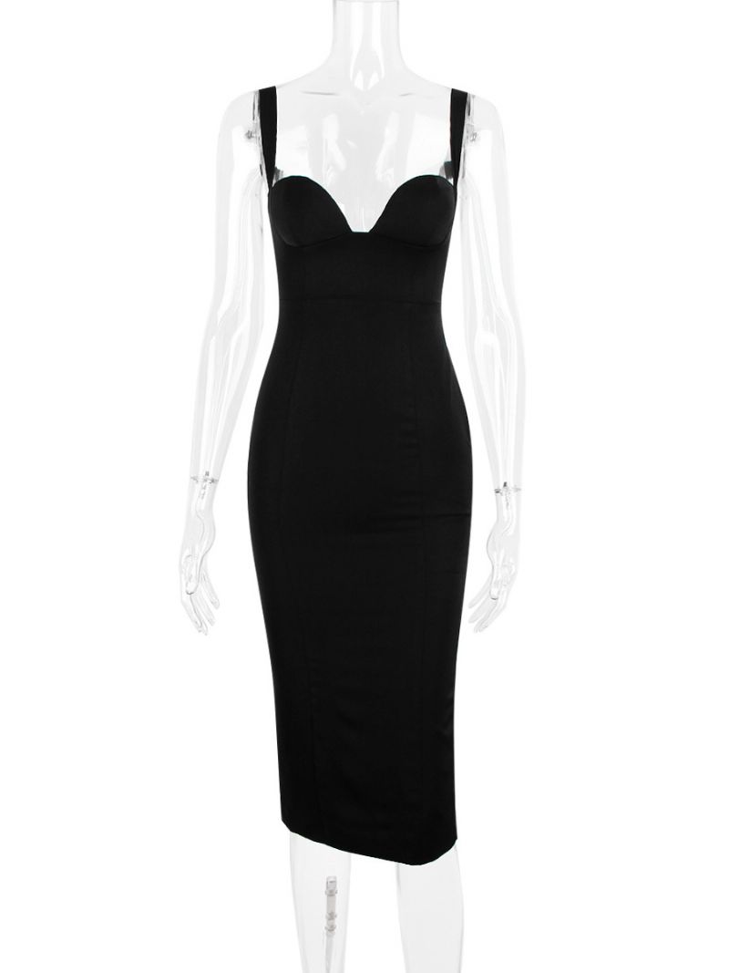 Kvinders Bodycon Kjoler Sorte Stropper Neck Chic Ærmeløs Pencil Kjole - Sort