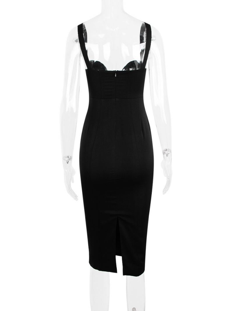 Kvinders Bodycon Kjoler Sorte Stropper Neck Chic Ærmeløs Pencil Kjole - Sort