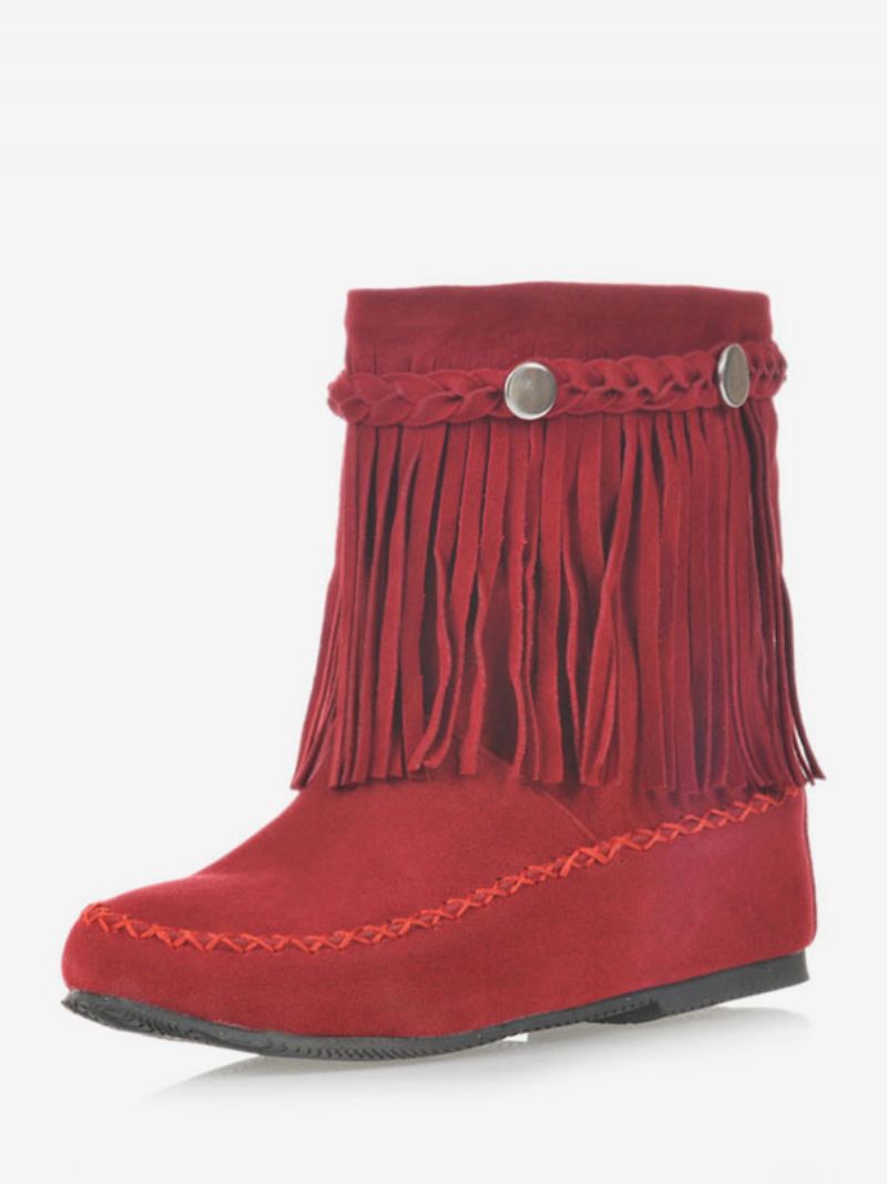 Kvinders Bohemian Booties Frynser Rund Toe Flade Cowgirl Korte Støvler - Rød